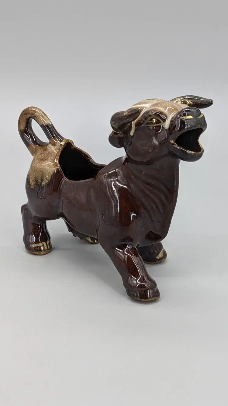 Vintage MCM Stoneware Ceramic Brown & Gold Bull Coffee Creamer Dish 6